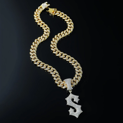 Hip Hop Voll Strass Panzerkette Buchstabe S Anhänger Halskette Für Herren Gold Silber Legierung Iced Out Personalisierter Schmuck