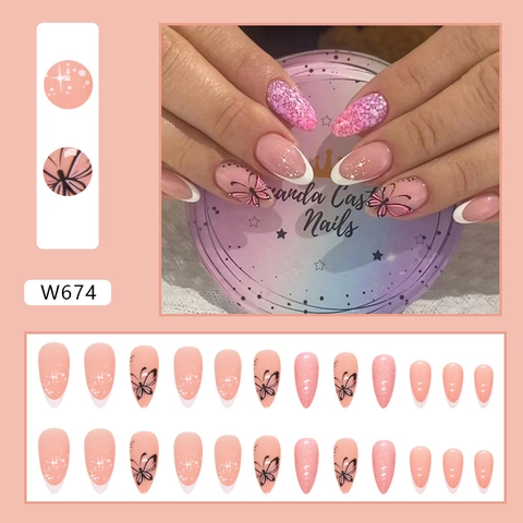 Unghie Finte Forma Mandorla Sfumatura Rosa Viola Punte Francesi Farfalla Stella Glitter Dolce Romantico Per Donne