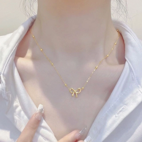 Collana Pendente Fiocco Acciaio Inossidabile Cavo Placcato Oro Catena Perline Girocollo Clavicola Donne Dolce Elegante