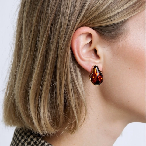 Vintage Irregular Water Drop Stud Earrings Women Stainless Steel Resin Amber Marble Texture Gold Plated Luxury Art Style