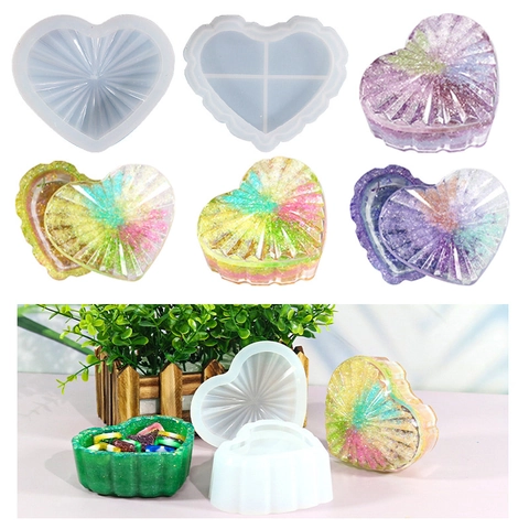 Herzform Gestreifte Silikonform Aufbewahrungsbox Deckel Und Boden Für DIY Harz Handwerk Schmuck Organizer Epoxidguss
