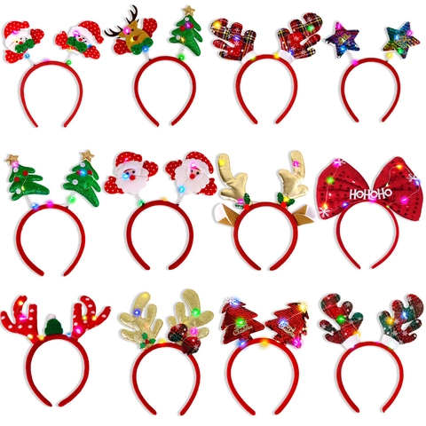 Christmas LED Glowing Headband Reindeer Antler Santa Tree Sequin Light Up Hair Hoop Festive Party Decoration For Kids Adults