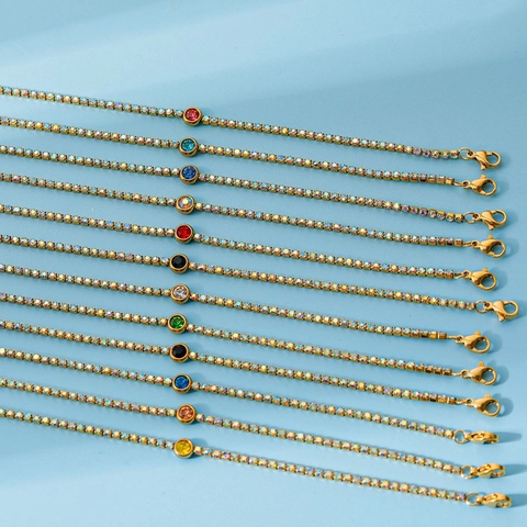 Pulsera de Piedra de Nacimiento Redonda de Acero Inoxidable para Mujer Moda Chapada en Oro Estrás Tenis Joyería Regalo