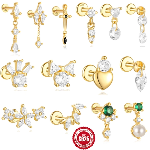 925 Sterling Zilver Helix Kraakbeen Piercing Studs Met AAAAA Zirkonia Hart Blad Zwaard Goud Vergulde Sieraden