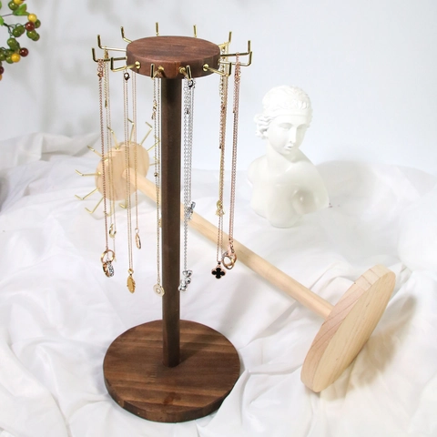 Solid Wood Jewelry Display Stand Necklace Holder Bracelet Rack Gold Metal Hooks Round Base Walnut Natural Color