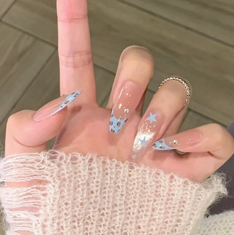 Press On Nails Long Almond Blue French Tip Leopard Print Star Pattern Glitter Rhinestone Reusable Artificial Finger Nails