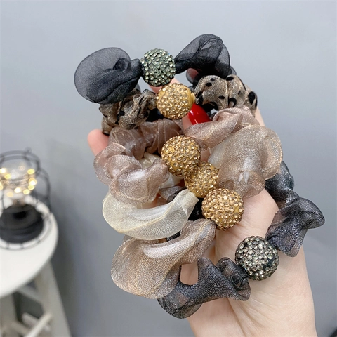 Haargummis Scrunchies Organza Satin Elastische Haarbänder Plissiert Leopardenmuster Straßball Zubehör Für Damen Mädchen