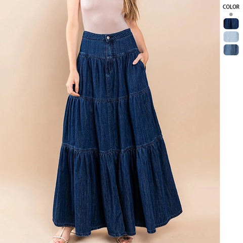 Dames Denim Maxi-Rok Gelaagd Taartontwerp Hoge Taille Bohemian Casual Distressed Katoen
