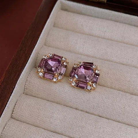 Vintage Square Purple Crystal Stud Earrings With Silver Earring Post Alloy Rhinestone Luxury Chic Jewelry For Women