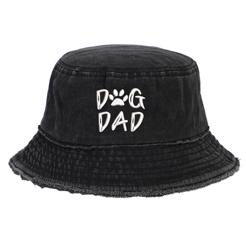 Washed Cotton Bucket Hat Embroidered Dog Mom Dad Distressed Frayed Edge Sun Protection Outdoor Fisherman Cap Retro