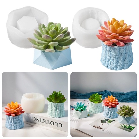 DIY Siliconen Bloempot Mal Zeshoekige Boomstamschors Textuur Vetplanten Pot Gieten Gips Cement Hars Ambacht Decor