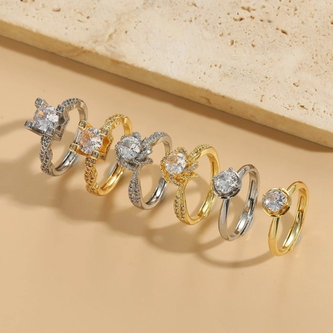 Luxury Zircon Wedding Ring For Women Copper With 14K Gold Plating Adjustable Open Ring Classic Elegant Jewelry