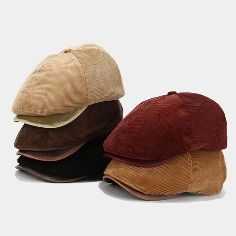 Retro Corduroy Newsboy Cap Women Japanese Style Octagonal Painter Hat Adjustable Winter Warm Headwear With Leather Brim