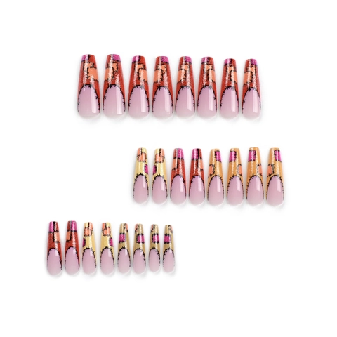 Extra Long Coffin Press On Nails Patchwork Stitched Design Glitter Multi Color Ballerina Fake Nails