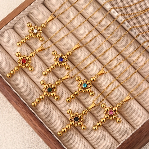 Collana Pendente Croce Acciaio Inossidabile Placcato Oro Design Perlato Con Zirconia Colorata Gioielli Retro