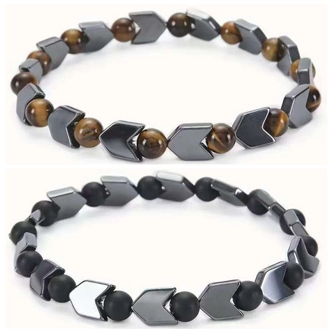 Natural Tiger Eye Stone Hematite Beaded Bracelet Copper Arrow Accents Elastic Jewelry For Men Women