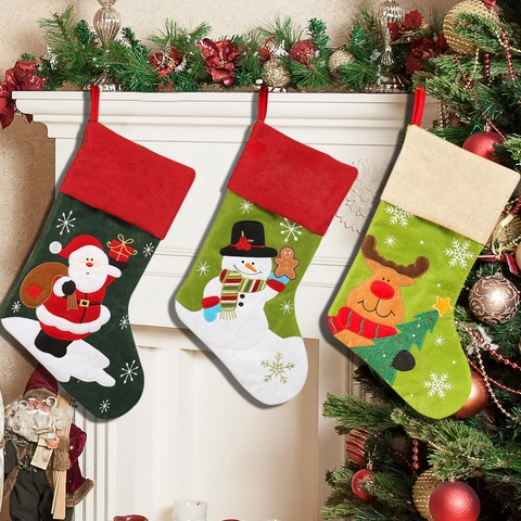 Chaussette De Noël Sac Cadeau Broderie Lin Père Noël Bonhomme De Neige Renne Décoration Cheminée Fête Pour Enfants Famille