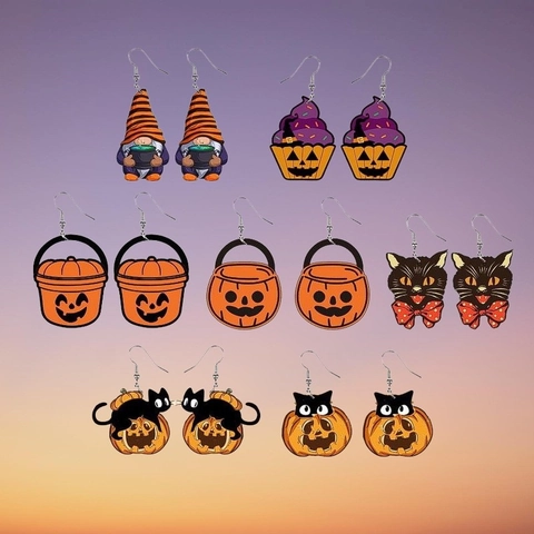 Halloween Ohrringe Kürbis Schwarze Katze Gnom Holz Acryl Festlicher Party Schmuck Für Damen