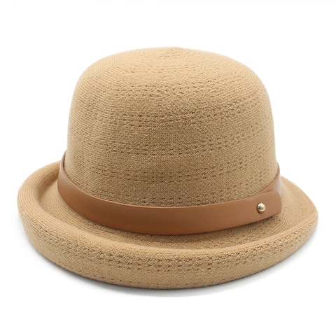 Women Vintage Knitted Bucket Hat With PU Leather Strap Buckle Rolled Brim Sun Shade Cloche Basin Hat Elegant Foldable