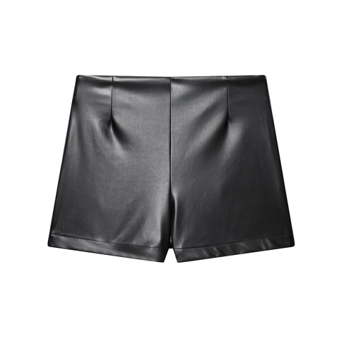 High Waisted Faux Leather Shorts For Women Black Solid PU Pleated Slim Fit Fashion Streetwear