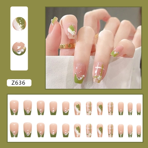 Short Ballet Press On Nails Light Green French Style White Flower Rhinestone Artificial Fingernails For Women