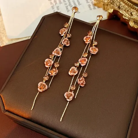 Orecchini Pendenti Nappa Fiore Rosa Con Perno In Argento Lega Strass Gioielli Eleganti Vintage Per Donne