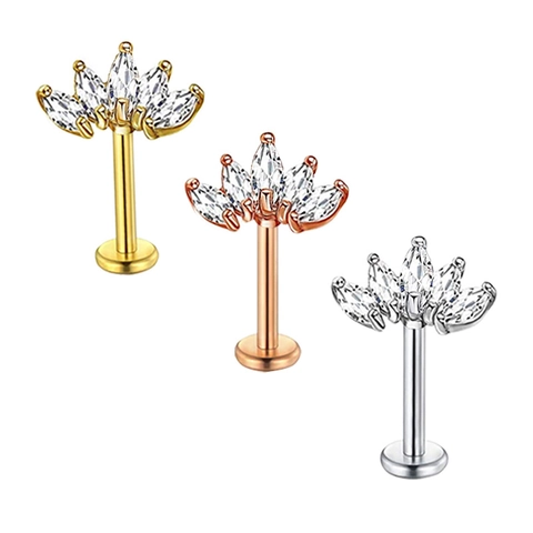 Marquise Zircon Fan Shaped Labret Stud Piercing Jewelry Stainless Steel Flat Back Earring Elegant