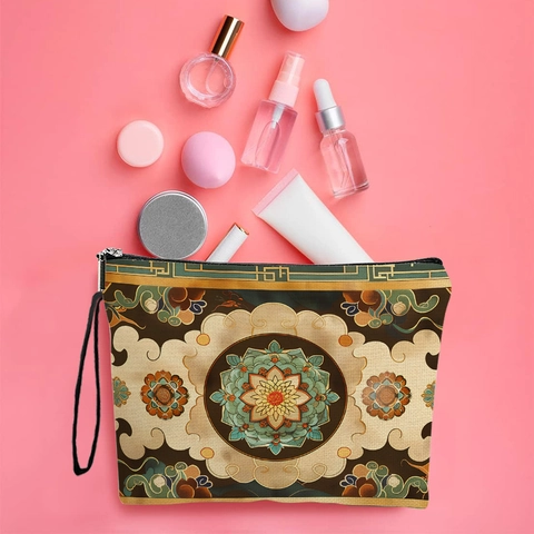 Borsa Per Trucco Con Stampa Mandala Bohémien Lino Fine Organizer Da Toilette Portatile Cerniera Cinturino Da Polso Stile Etnico