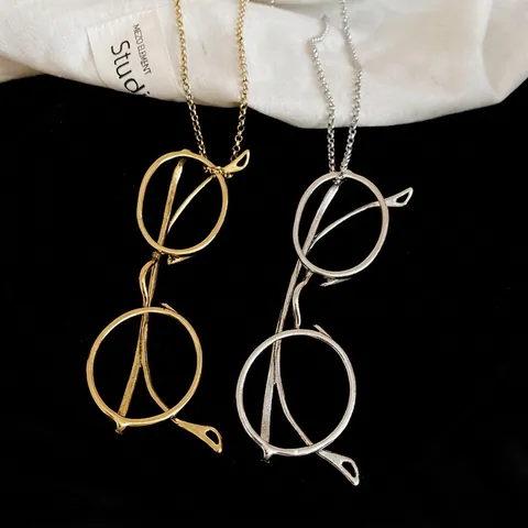 Collier Pendentif Lunettes Rondes Rétro Alliage Longue Chaîne Métallique Bijoux Femmes Accessoires Minimaliste