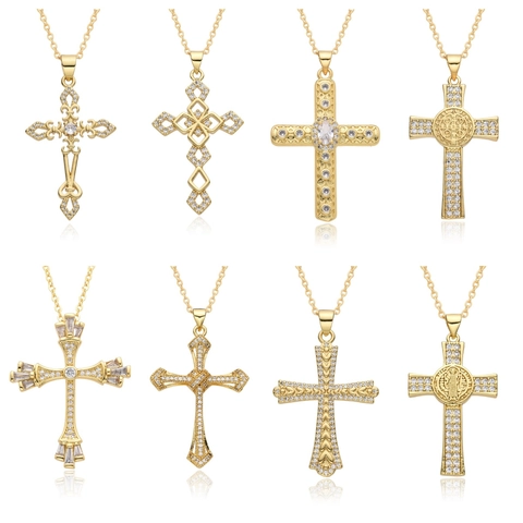 Luxus Vergoldet Kupfer Strass Kreuz Anhänger Halskette Für Damen Religiöse St. Benedikt Medaille Mikro Eingelegt Schmuck