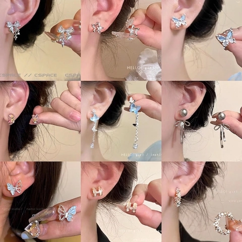 Elegant Faux Artificial Pearl Stud And Bow Dangle Earrings With Zircon Butterfly Ear Cuffs And Silver Earring Post For Women