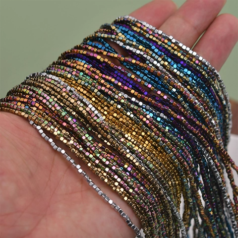 Cube Loose Beads Hematite Stone Colorful Rainbow Metallic Square Spacer For DIY Jewelry Making Bracelet Necklace Braided Glossy