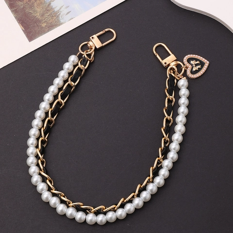 Elegant Artificial Pearl Leather Woven Phone Chain Heart Bow Charm For Women Bag Strap Keychain Anti-Lost Mobile Accessories