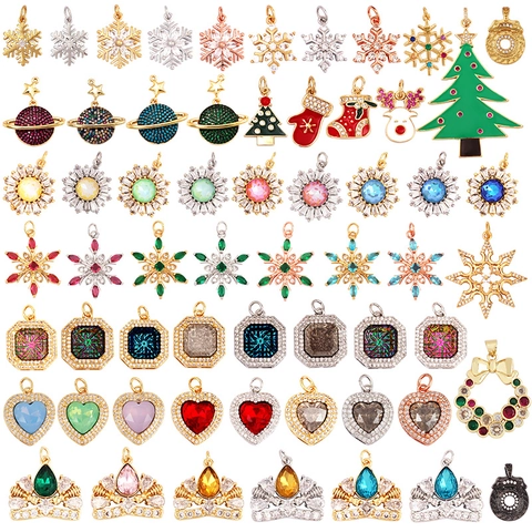 Bricolage Breloques Bijoux Alliage Cuivre Plaqué Zircone Cubique Strass Noël Flocon De Neige Planète Couronne Cœur Bijoux