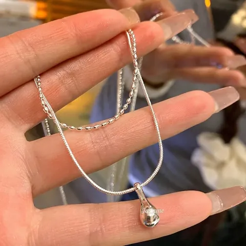 Layered Stainless Steel Necklace With Water Drop Pendant Snake Bone And Bead Chain Minimalist Jewelry For Women
