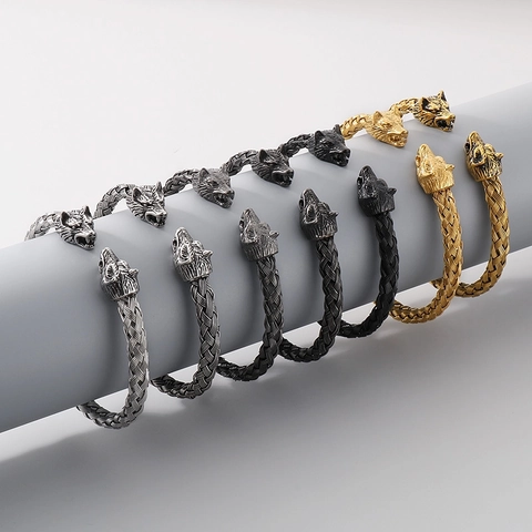 Men Stainless Steel 316L Open Bangle Skull Wolf Head Braided Cuff Bracelet Punk Gothic Viking Jewelry Accessories