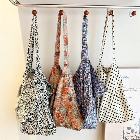 Large Capacity Canvas Tote Bag Women Girls Floral Leopard Polka Dot Print Korean Style Cotton Shoulder Bag School