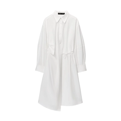 Robe Chemise Femme Minimaliste en Coton Coulisse à la Taille Coupe Asymétrique Manches Longues Robe Midi Simple Boutonnage