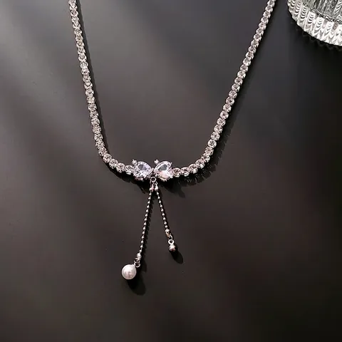 Collar Gargantilla Colgante Lazo Cobre Circón Perla Artificial Borla Plateado Joyas De Moda Elegante Para Mujeres