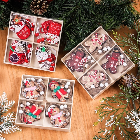 Christmas Hanging Ornaments Wooden Gingerbread Man Hot Cocoa Cup Gnome Festive Holiday Tree Decorations Painted