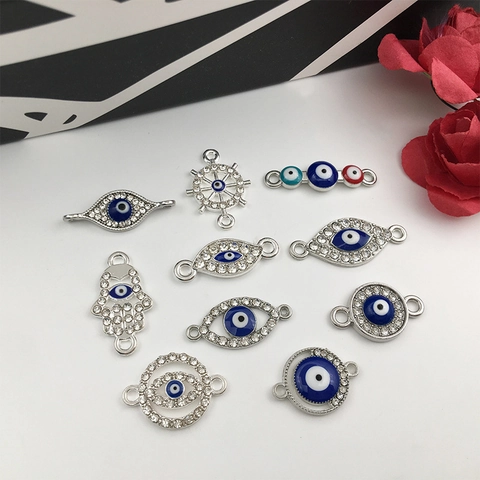 Connecteurs De Bijoux Evil Eye Hamsa Hand Alliage Émail Strass Double Trou DIY Collier Bracelet Charmes