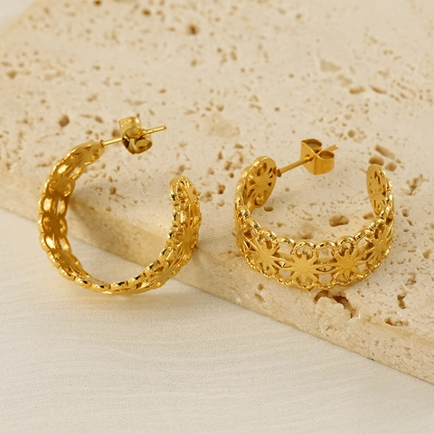 Holle Bloem Hoop Oorbellen 18K Verguld Roestvrij Staal Geometrische C-Vormige Retro Elegante Sieraden Voor Vrouwen