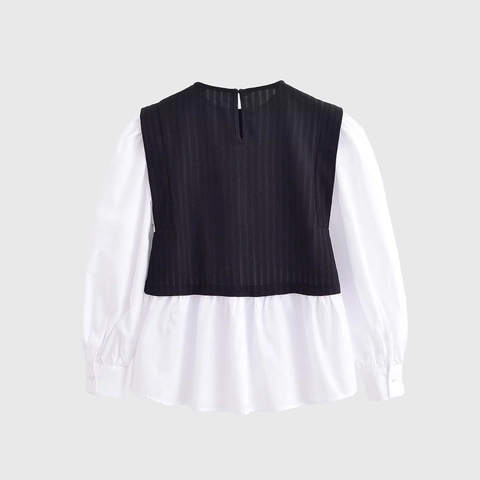 Mujer Bloque De Color Aspecto Superpuesto Blusa Patchwork Manga Larga Linterna Cuello Redondo Poliéster Top Plisado