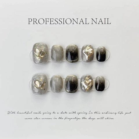 Handmade Press On Nails Black Smudge Gold Foil Heart Rhinestone Detachable Fake Nails For Women Luxury Manicure Jewelry