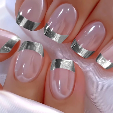 French Style Press On Nails Square Shape Metal Silver Tips Nude Pink ABS Glossy Artificial Fingernails For Women