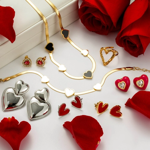 Heart Shape Stainless Steel Jewelry Including Necklace Earrings Ring And Bracelet French Vintage Enamel Zircon For Women