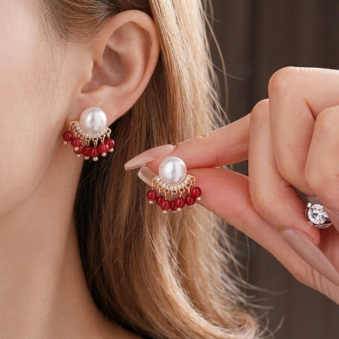 Orecchini A Perno Con Nappa Vintage Francese Con Künstliche Perle Artificiali Künstliche Perle Rosse Zircone Rame Placcato Oro E Perno Per Orecchini In Argento