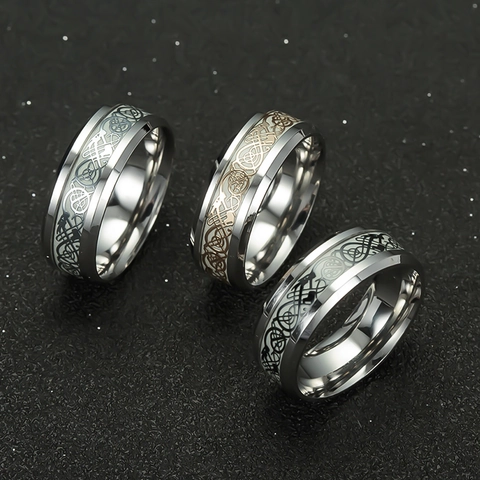 Luminous Ring Titanium Stainless Steel Glow In The Dark Celtic Dragon Pattern Punk Vintage Fashion Men Women Jewelry