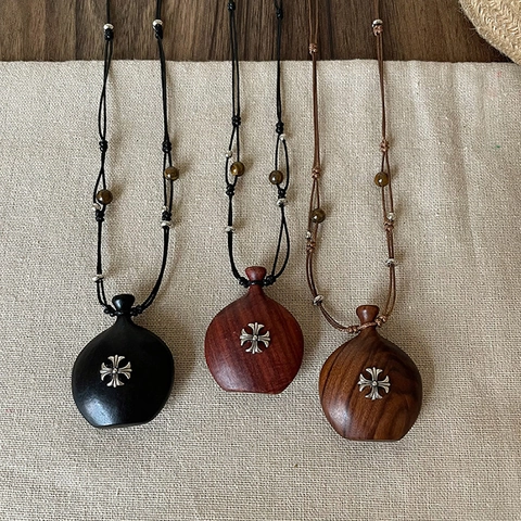 Vintage Holz Anhänger Halskette Flaschenform Mit Legierung Kreuz Inlay Retro Perlen Verstellbare Kordel Für Damen