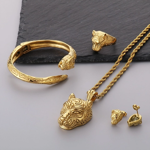 Heren Tijgerkop Ketting Armband Ring En Oorknopjes Roestvrij Staal 316L Punk Retro Sieraden